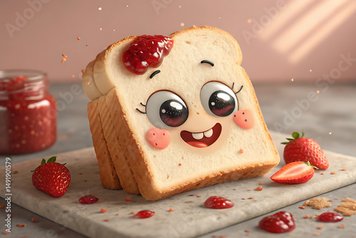 Playful Toast Character with Strawberry Jam, A Sweet Treat Illustration for Children's Themes and Breakfast Concepts.