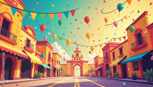 Colorful festive street with balloons and decorations