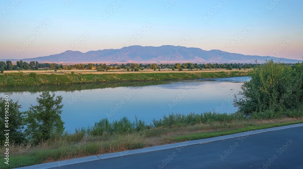 Serene sunrise over calm river, mountain backdrop, lush greenery. Serene sunrise over calm river, mountain backdrop, lush greenery.