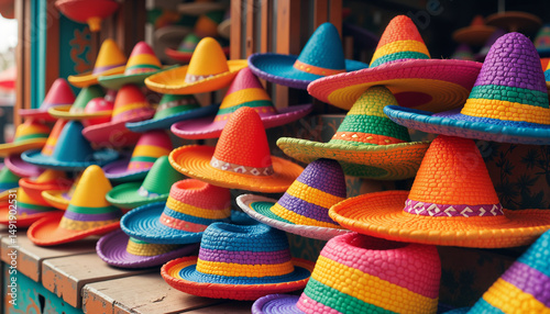 Colorful sombreros stacked in vibrant display