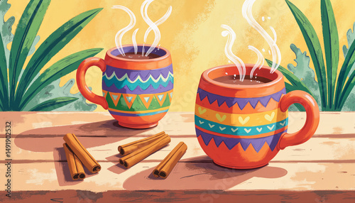 Hot beverages in colorful mugs on wooden table with foliage