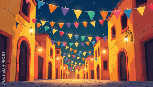 Colorful street decorated with festive bunting at night