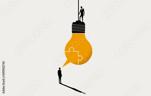 Businessman helping colleague to complete light bulb with thought bubble puzzle, teamwork and creativity concept, minimal business design.
