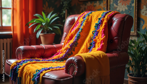 Colorful knitted blanket on cozy red armchair in bright room
