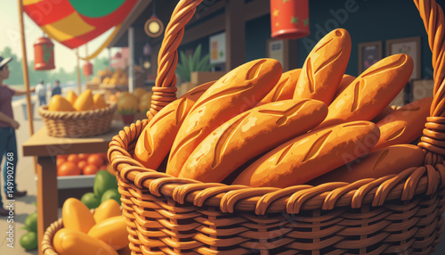 Basket of fresh baguettes at a vibrant market