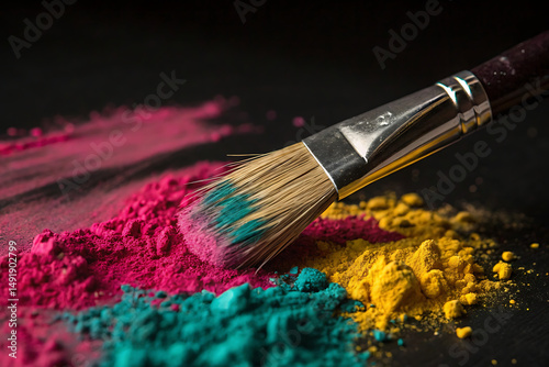 Macro Shot of a Paintbrush with Vibrant Pigment Powders on a Dark Backdrop for Art and Creative Projects.