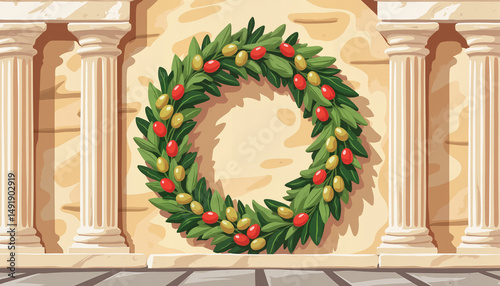 Decorative wreath with green leaves and red olives against columns