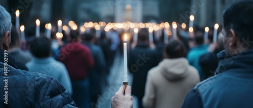Devoted followers walking in a Good Friday procession, holding candles, reverent moment
