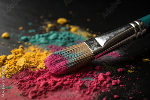Cosmetic Brush with Colorful Powder Pigments on Dark Background: Beauty, Fashion, Makeup, and Artistic Concept.