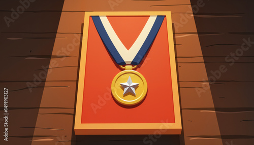 Gold medal with blue and white ribbon on wooden background