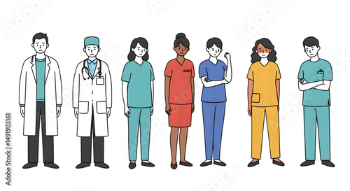 Cartoon Medical Professionals Of Diverse Backgrounds Wearing Colorful Uniforms And Hospital Attire In Healthcare Team Illustration

