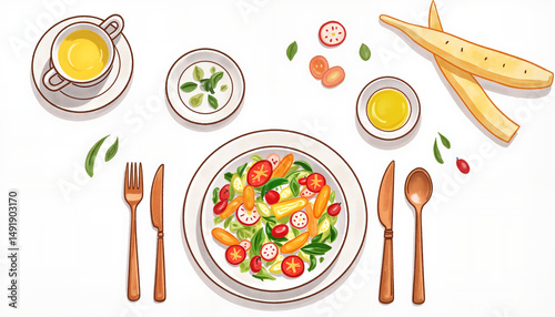 Colorful salad with tomatoes and herbs on white background