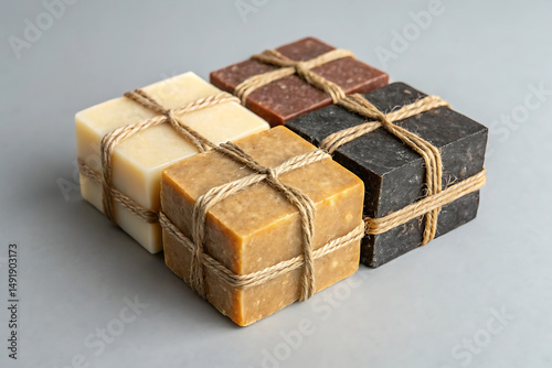 Assortment of Natural Handmade Soaps Tied with Twine, Representing a Sustainable and Eco-Friendly Skincare Concept.