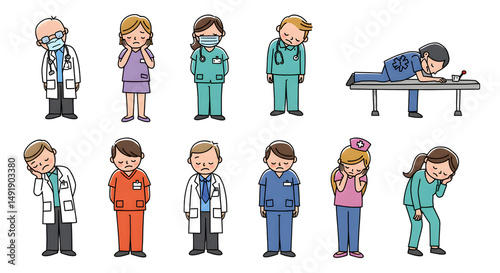 Cartoon Medical Professionals Of Diverse Backgrounds Wearing Colorful Uniforms And Hospital Attire In Healthcare Team Illustration

