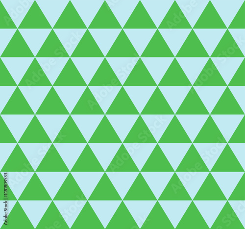 A repeating pattern of green triangles against a light blue background.
