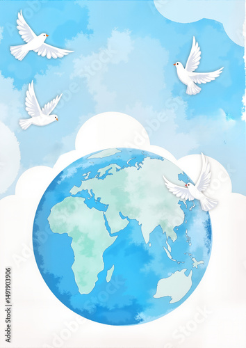 Doves flying over a colorful globe against a blue sky