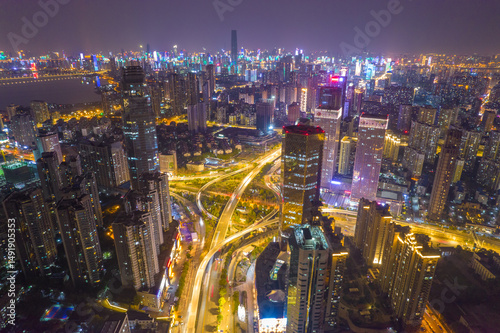 Fototapeta Naklejka Na Ścianę i Meble -  Aerial view of  Wuhan city .Panoramic skyline and buildings beside yangtze river.