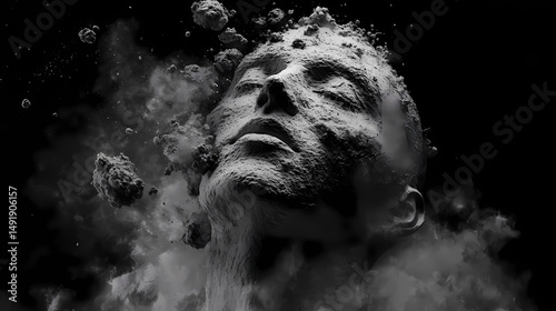 Digital representation of a human head dissolving into particles. [Astral Monoliths] | Ethereal Constructs | phasing form. Illustration