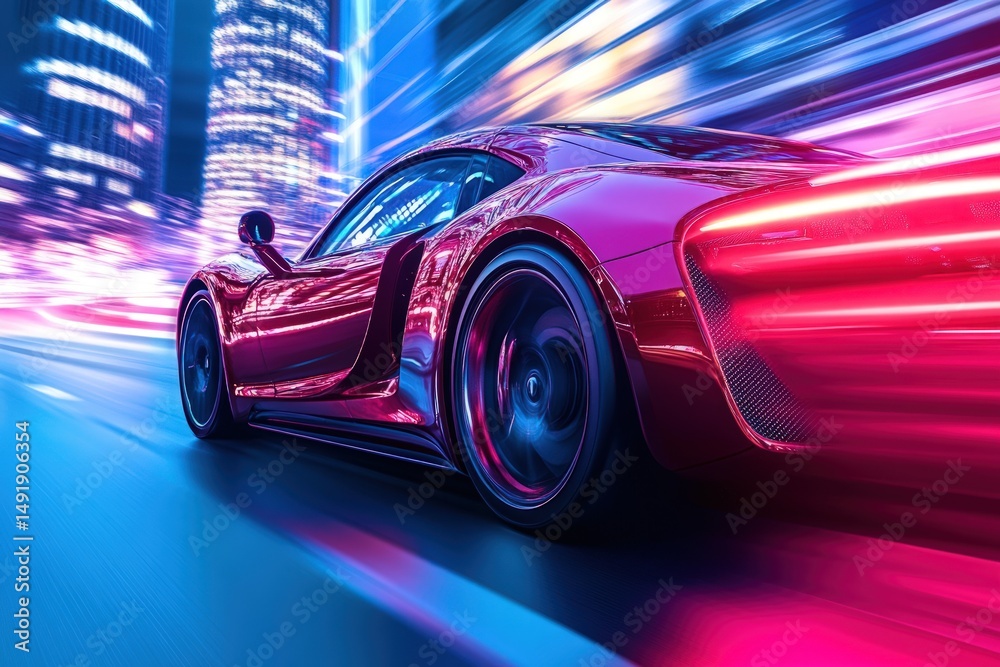 Fast red sports car in a vibrant city night Fast red sports car in a vibrant city night