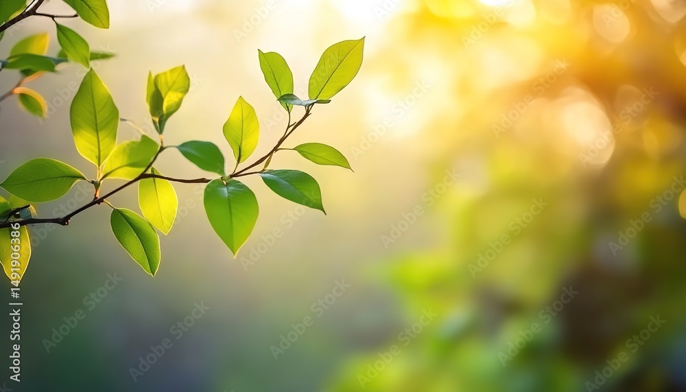 Obraz premium Close-up of green leaves on branch with soft backlight creating bokeh.