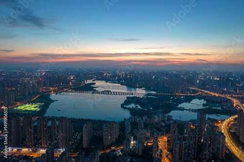 Fototapeta Naklejka Na Ścianę i Meble -  Aerial view of  Wuhan city .Panoramic skyline and buildings beside yangtze river.
