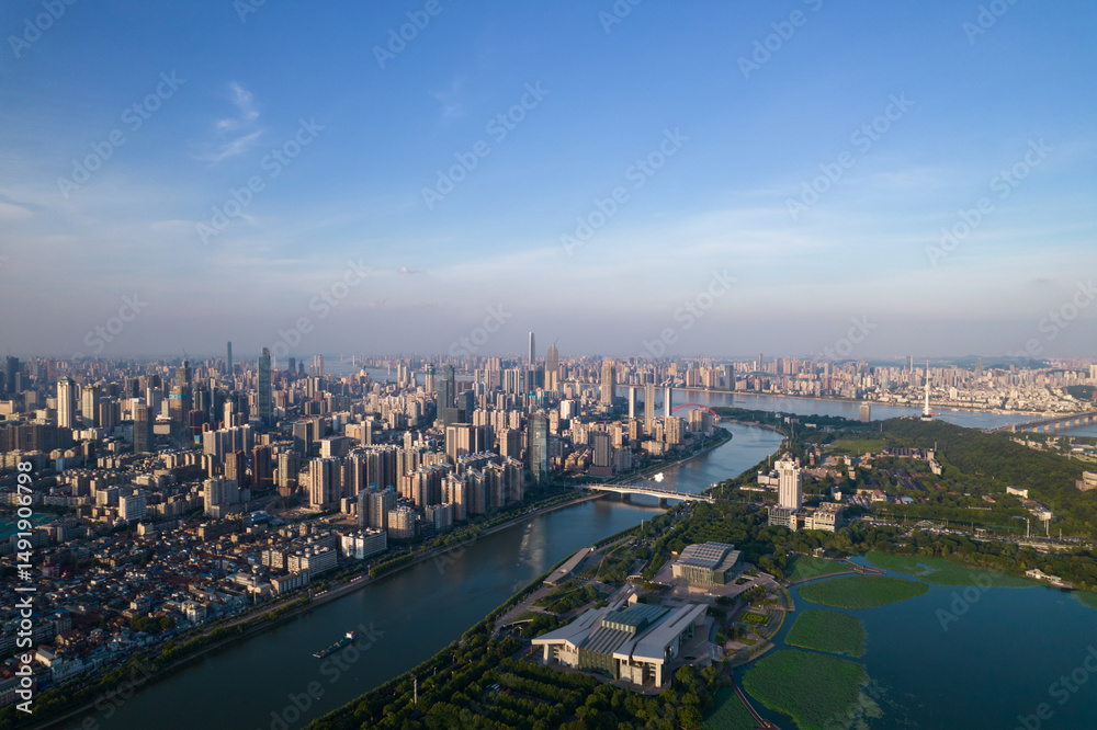 Fototapeta premium Aerial view of Wuhan city .Panoramic skyline and buildings beside yangtze river.