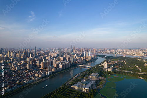 Fototapeta Naklejka Na Ścianę i Meble -  Aerial view of  Wuhan city .Panoramic skyline and buildings beside yangtze river.