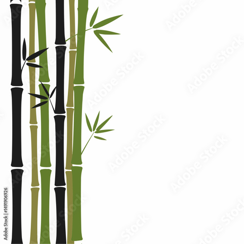 Stylized bamboo stalks in shades of green and black, with delicate leaves on white
