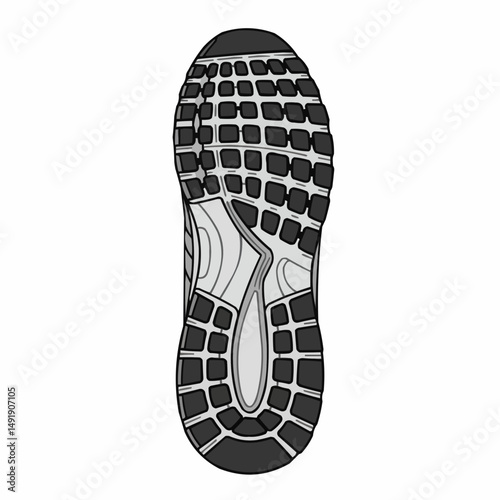 Bottom view of an illustration of a shoe with black treads and a gray sole