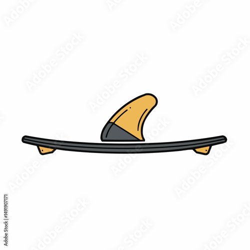 Cartoon image of a surfboard fin at bottom right, black borders, simple