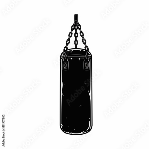 A black punching bag hangs from a chain, isolated on a white background