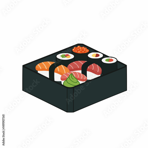Tray of sushi with various toppings like roe, salmon, tuna, and vegetables. Delicious treat