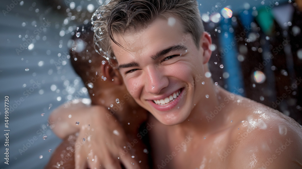 Fototapeta premium A joyful surprise splash between friends at the lake