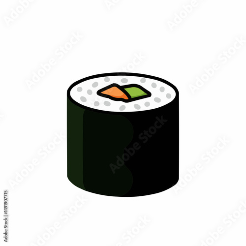 Cartoon image of sushi with orange and green filling, white rice, and dark green nori seaweed