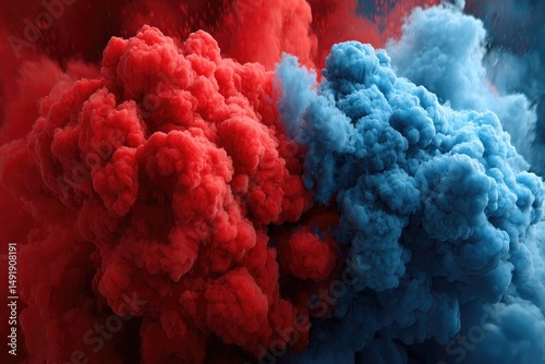 Clashing colors of red and blue smoke