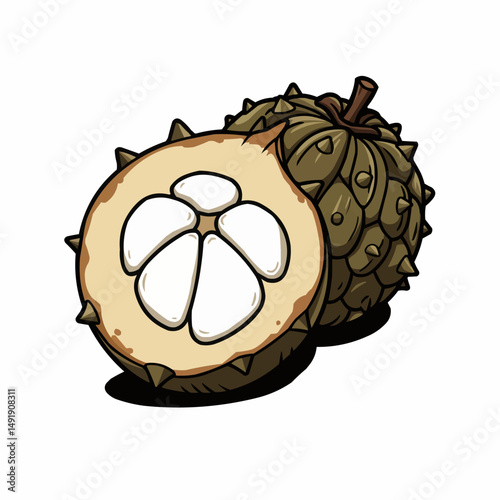 Half-sectioned spiky fruit. Tan skin and white pulp revealed on white backdrop