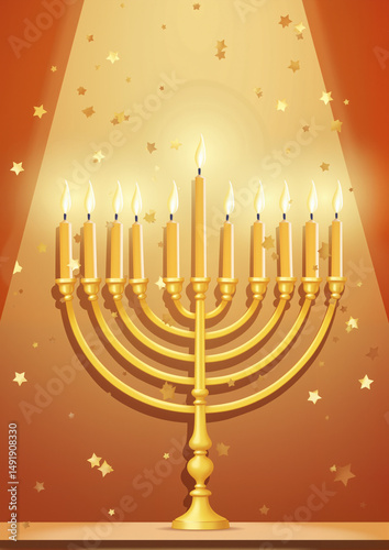 Menorah with lit candles against a festive background