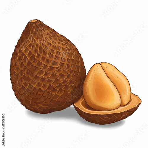 Scaly brown fruit with peeled wedges. Unique textured rind