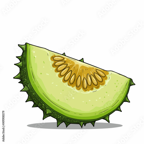 Spiky-skinned melon slice with yellow flesh and seeds on a white background