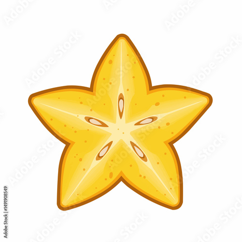 Sliced starfruit. Yellow, edible flesh with brown edges and seeds. Star shape and lines