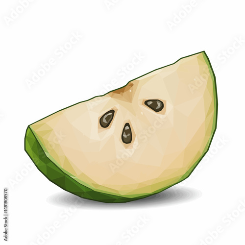 Cut slice of tropical fruit with brown seeds and green outer rind
