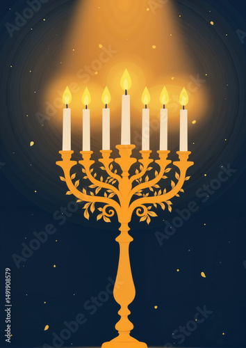 Menorah with lit candles against a dark background