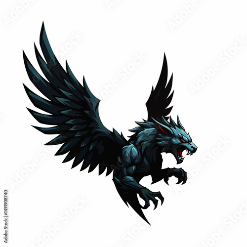 Two dark wings with detailed feathers against a white background, positioned at opposing angles