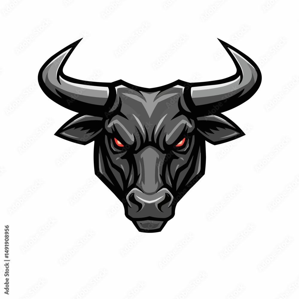 Illustration of the head of a menacing gray bull with red eyes and large horns Illustration of the head of a menacing gray bull with red eyes and large horns