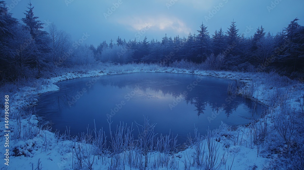 Fototapeta premium Frozen pond encircled by reeds and frosted trees glowing under the twilight sky, Generative AI