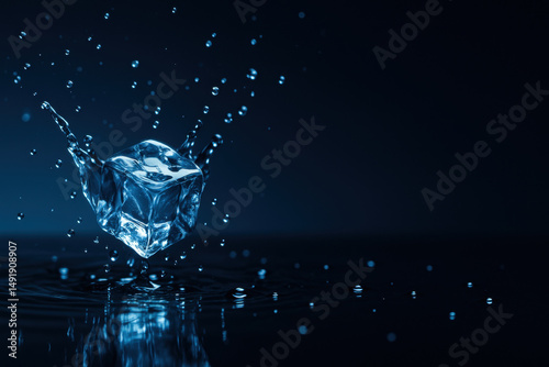 Ice cube splashing into water on dark background with droplets in motion
