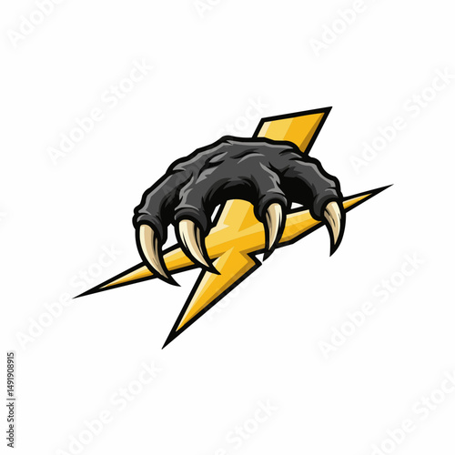 Monster claw clutching a striking, bright yellow lightning bolt, fierce and powerful