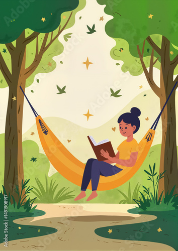 Girl reading a book in a hammock under trees
