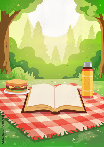 Picnic setup with book, burger, and drink in green forest