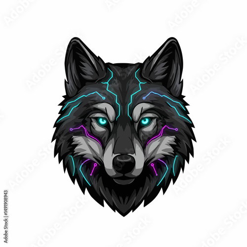 Cybernetic wolf peers down, glowing eyes intense and striking against a clean background